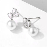 Delicate Simulated Pearl and Cubic Zirconia Leaf Stud Earrings