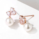 Delicate Simulated Pearl and Cubic Zirconia Leaf Stud Earrings