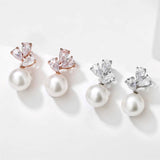 Delicate Simulated Pearl and Cubic Zirconia Leaf Stud Earrings