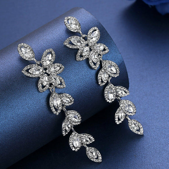 Statement Cubic Zirconia Marquise Cut Leaf Drop Pierced Earrings - Long