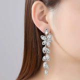 Statement Cubic Zirconia Marquise Cut Leaf Drop Pierced Earrings - Long