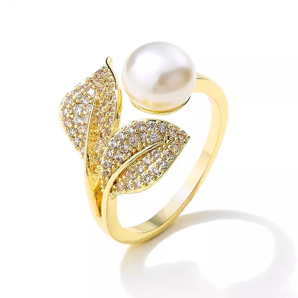 Simulated Pearl and Cubic Zirconia Leaf Adjustable Ring