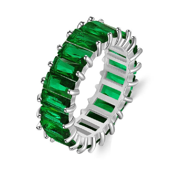 Baguette Cut White Gold Plated Ring with Green stones