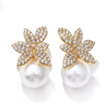 Simulated Pearl and Cubic Zirconia Leaf Pierced Earrings