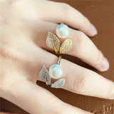 Simulated Pearl and Cubic Zirconia Leaf Adjustable Ring