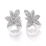 Simulated Pearl and Cubic Zirconia Leaf Pierced Earrings