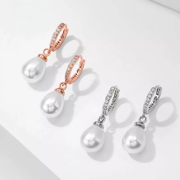 Simulated Pearl and Pavé Drop Hoop Earrings