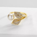 Simulated Pearl and Cubic Zirconia Leaf Adjustable Ring