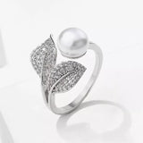 Simulated Pearl and Cubic Zirconia Leaf Adjustable Ring