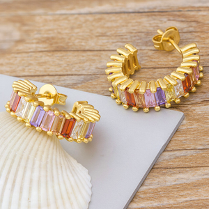 GARLAND - "Judy" Small Rainbow Baguette Cut Half Hoop Earrings