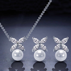 HEPBURN - "Emma" Marquise Cut Floral Inspired Pearl Earrings and Pendant Set