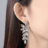 Statement Cubic Zirconia Marquise Cut Leaf Drop Pierced Earrings