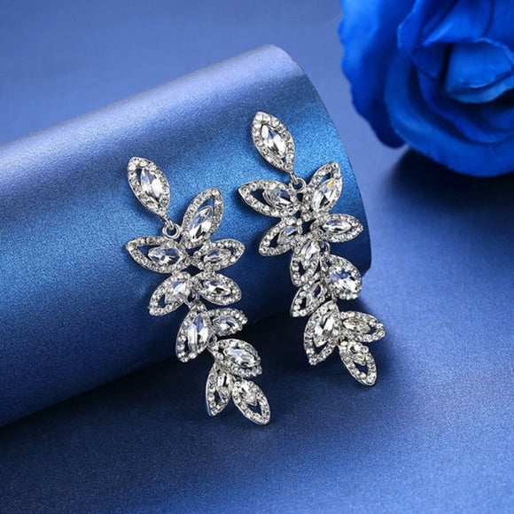 Statement Cubic Zirconia Marquise Cut Leaf Drop Pierced Earrings