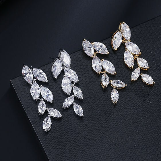 LEIGH - Marquise Cut Dazzling Leaf Inspired Drop Pierced Earrings