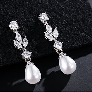 LOMBARD - Marquise Cut Leaf Inspired Simulated Pearl Drop Earrings