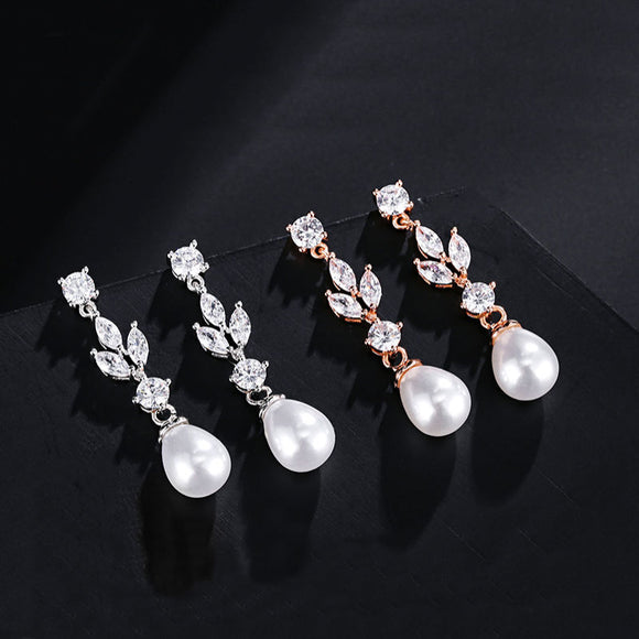 LOMBARD - Marquise Cut Leaf Inspired Simulated Pearl Drop Earrings