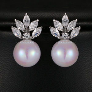 HEPBURN - Marquise Cut Cubic Zirconia & Simulated Pearl Pierced Earrings