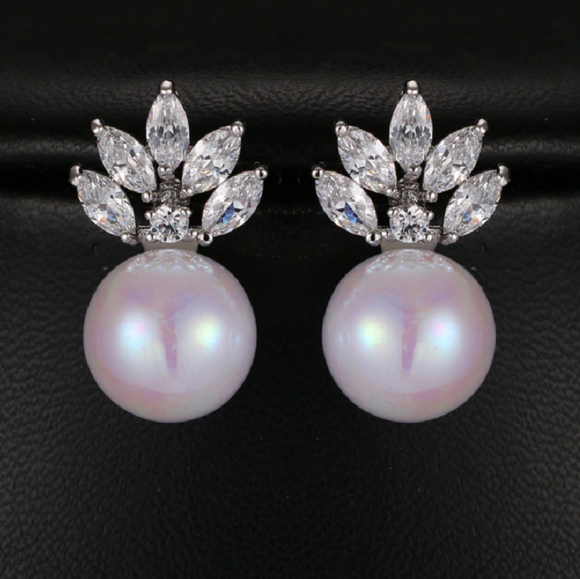 HEPBURN - Marquise Cut Cubic Zirconia & Simulated Pearl Pierced Earrings